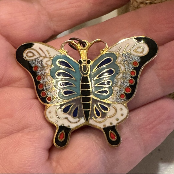 Gorgeous Cloisonne Butterfly Brooch / Pendant- gold tone w/ blue, black, white - Picture 4 of 8